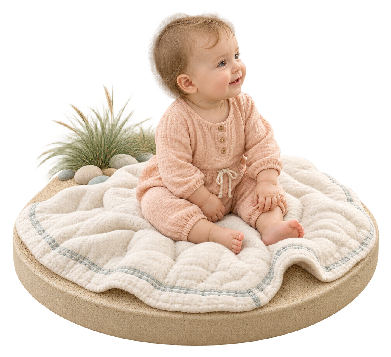 Cove miniature of a baby in peach linen on a quilted coastal island, looking toward the form